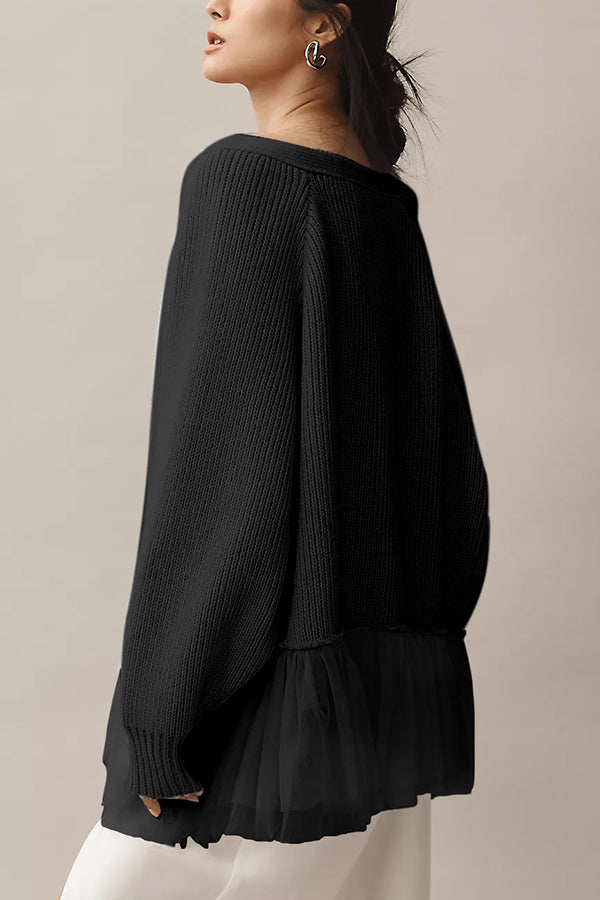 Mesh-Rüschen-Strickcardigan mit langen Ärmeln