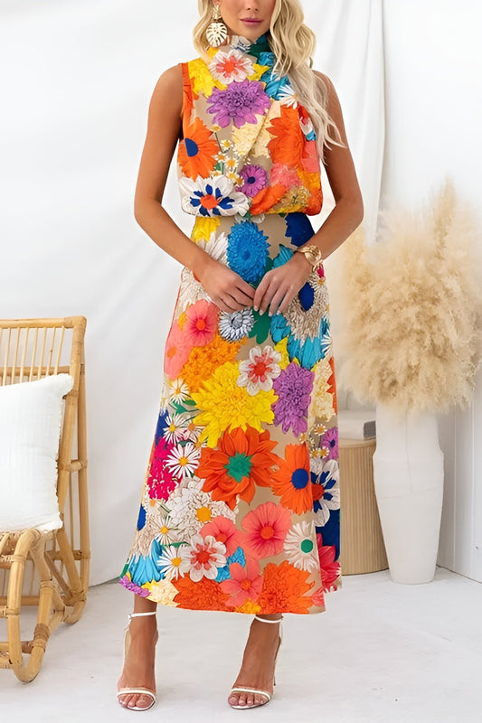 Ärmelloses Maxi-Kleid mit Blumenmuster und Schleifenkragen