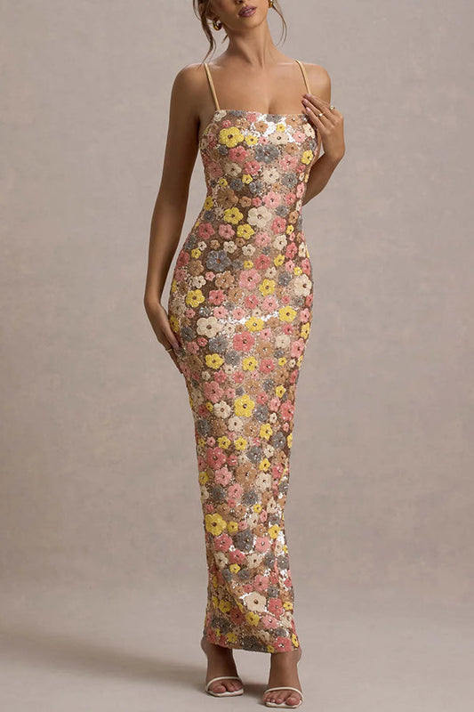 80er Blumen Pailletten Quadrat Ausschnitt Stretch Maxi Kleid