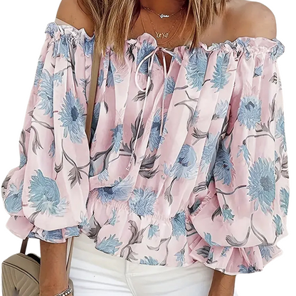 Florale Schulterfreie Bluse mit Puffärmeln