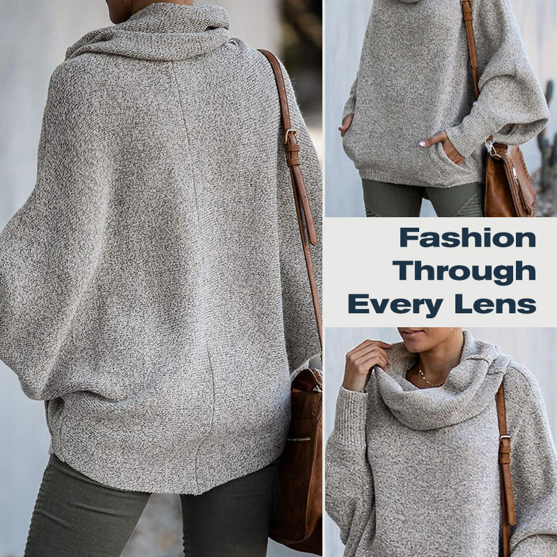 Gemütlicher Fledermaus-Umlegekragenpullover mit Taschen