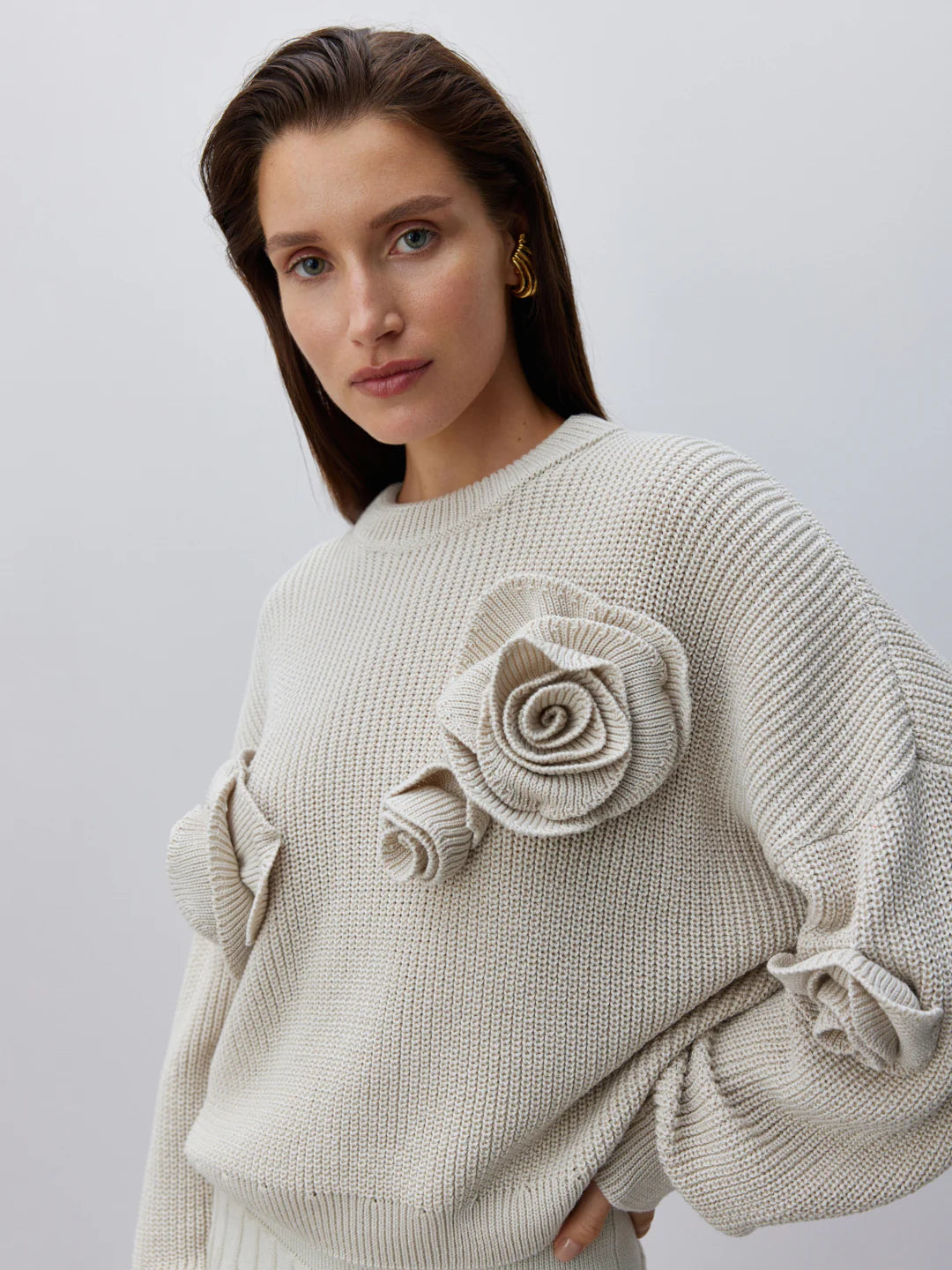 Gemütlicher 3D-Rosen-Strickpullover mit lockerem, lässigem Schnitt