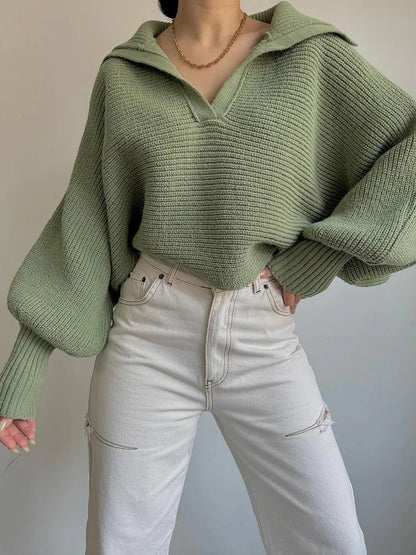 Gemütlicher Strickpullover mit Laternenärmeln und offenem Kragen