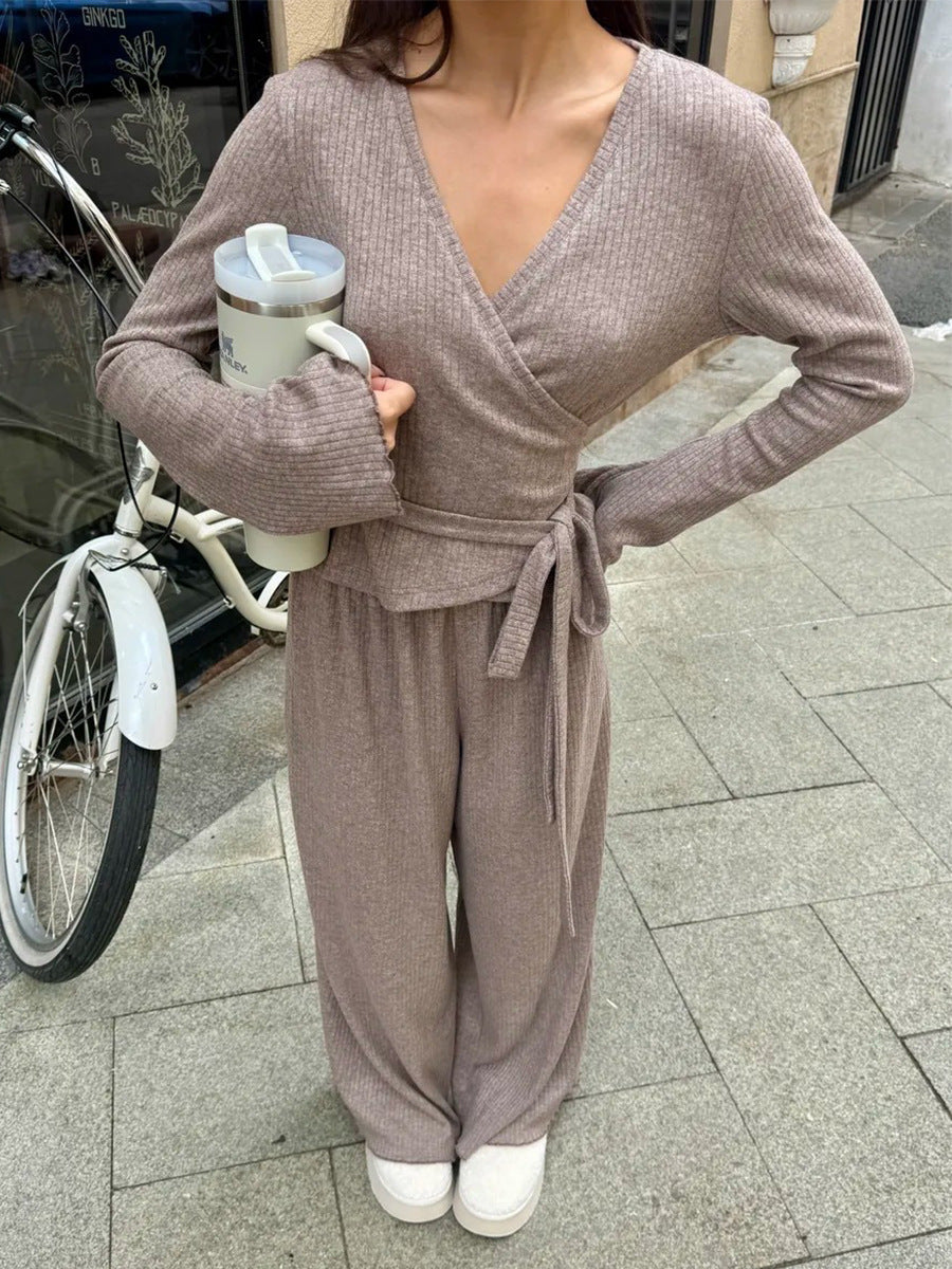 Grau geripptes Strick Crop-Top mit langen Ärmeln und weitem Hosen-Set