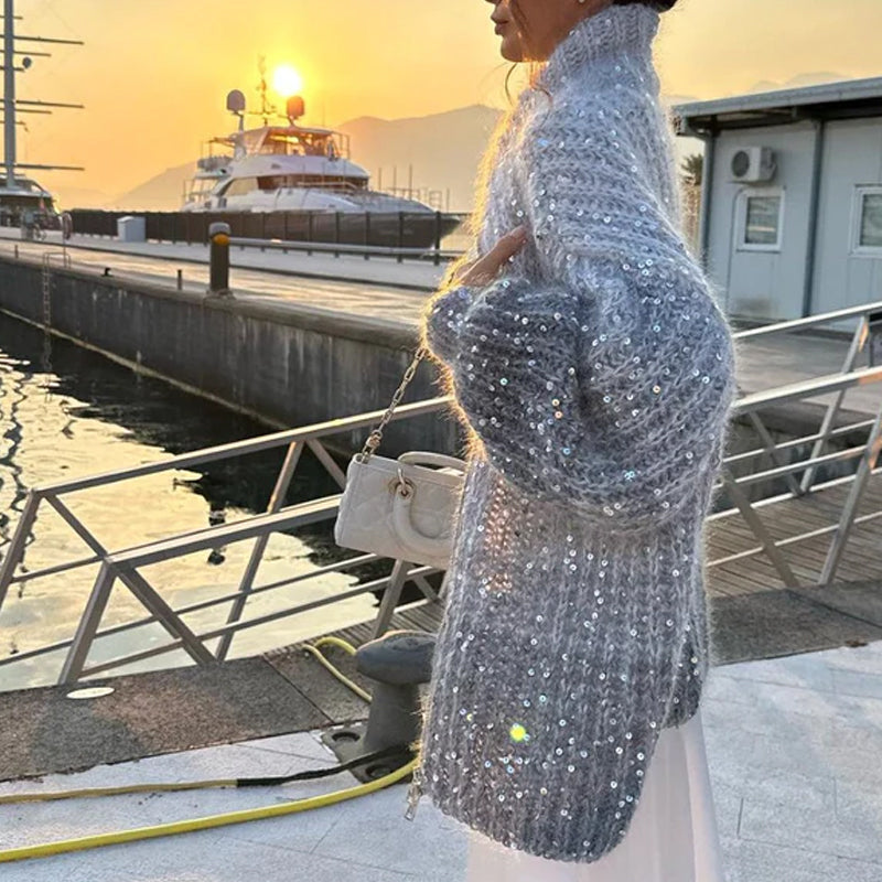 Gestrickter Strickjacke mit Glitzer-Pailletten
