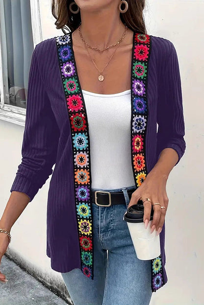 Boho Strickcardigan mit Blumenrand und langen Ärmeln
