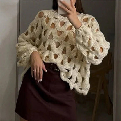 Damen Pullover mit langen Ärmeln und Häkelstrickmuster