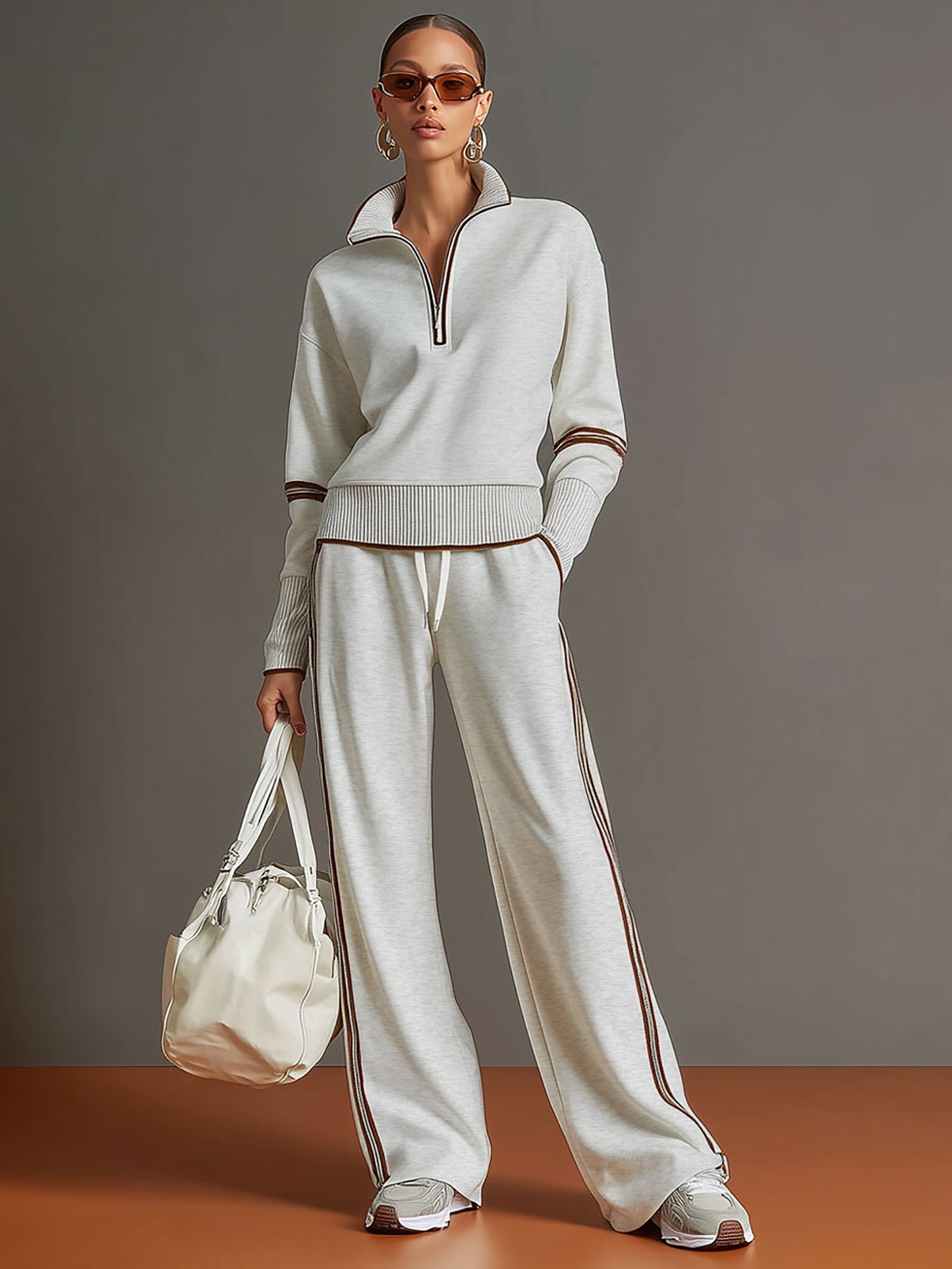 Pullover mit halbem Reißverschluss & Hose mit weitem Bein Set