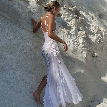 Weißes Mesh-Maxikleid mit Blumengestick