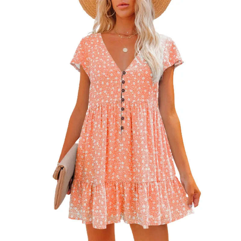 Damen Sommer Blumen V-Ausschnitt A-Linien Minikleid