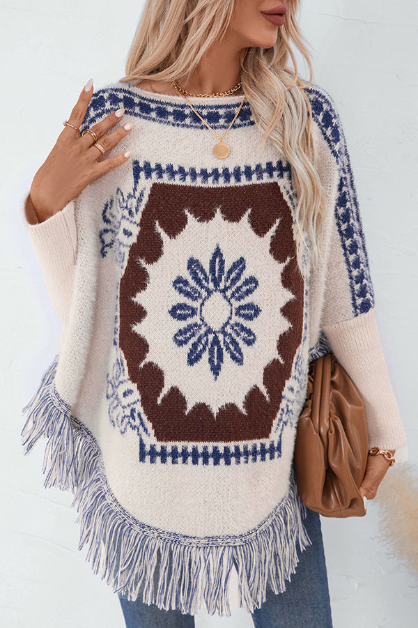Boho Strickpullover mit Quasten-Saum