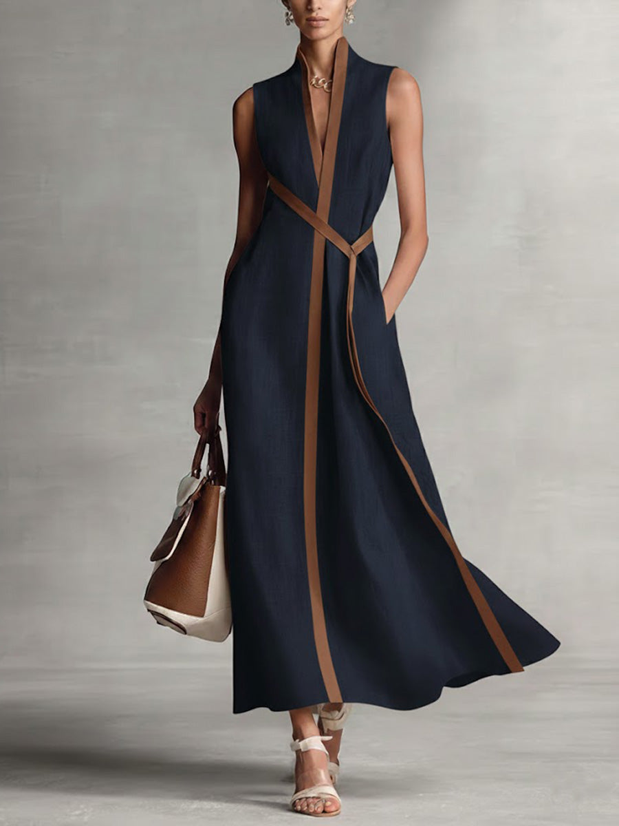 Damen ärmelloses Kleid mit Stehkragen aus Baumwoll-Leinen, leger