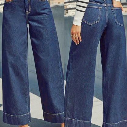 Hochtaillierte, weit geschnittene Stretch-Jeans mit Umschlag am Saum