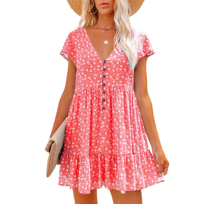 Damen Sommer Blumen V-Ausschnitt A-Linien Minikleid