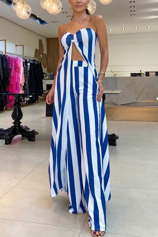 Gestreiftes Off-Shoulder-Oberteil und lockeres gerades Hosen-Set mit Taschen