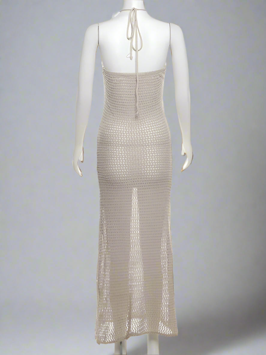 Oli® | Elegantes Strickkleid mit Hohlsaum, ärmellos, Neckholder und Bindeband
