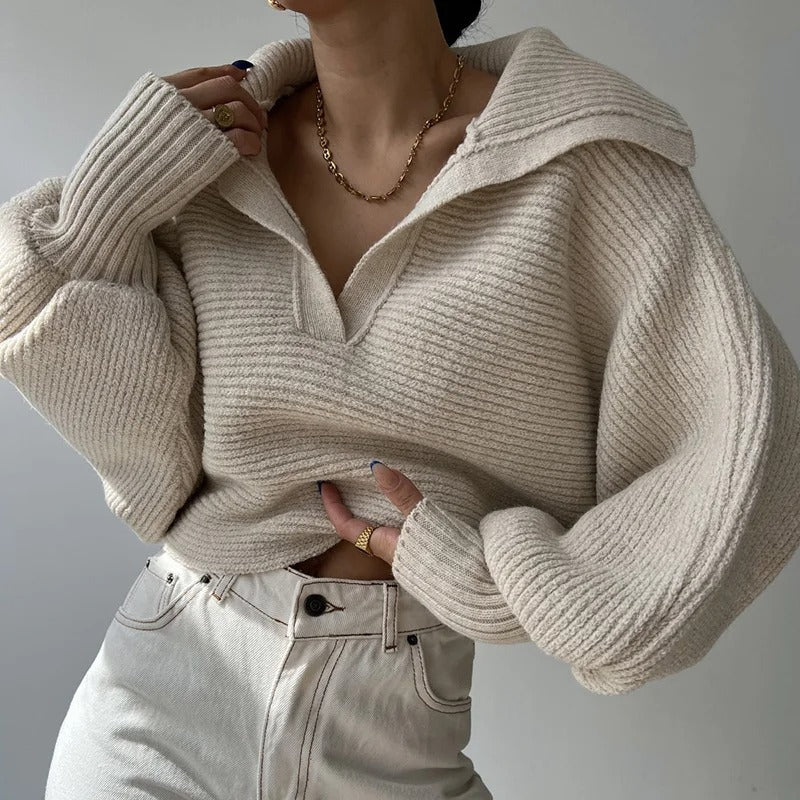 Gemütlicher Strickpullover mit Laternenärmeln und offenem Kragen
