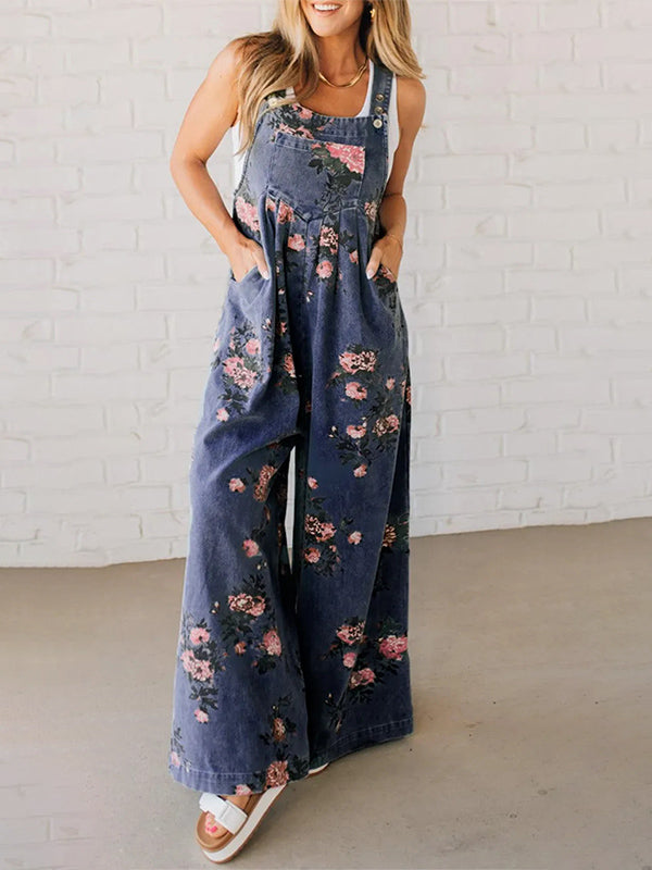 Jeans-Latzhose mit weitem Bein und Blumenmuster