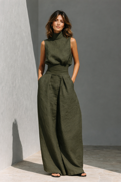 Damen Minimalistisches Baumwoll-Leinen Tanktop und Weite Hosen Set
