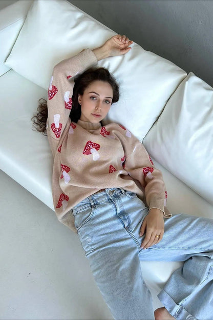 Gemütlicher Pilz-Jacquard-Strickpullover