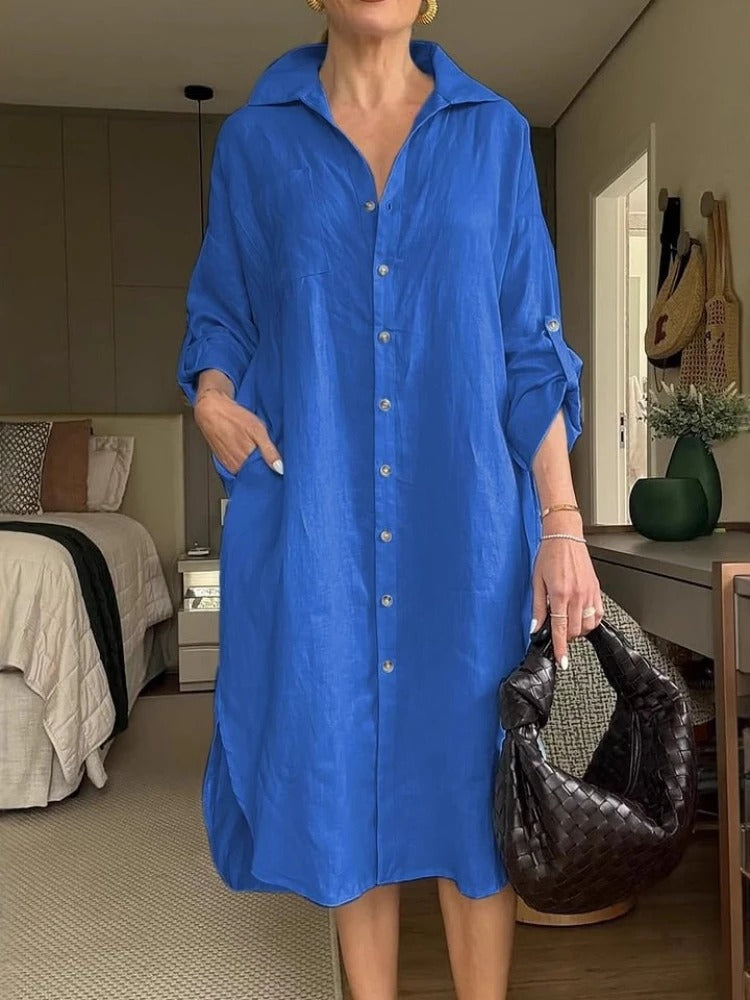 Lässiges Baumwoll-Leinen-Kleid mit Rüschen und quadratischem Ausschnitt