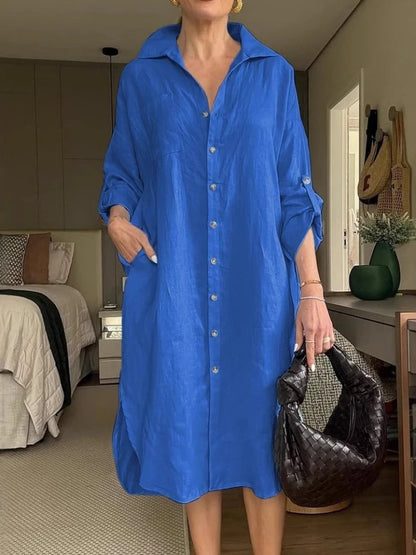 Lässiges Baumwoll-Leinen-Kleid mit Rüschen und quadratischem Ausschnitt