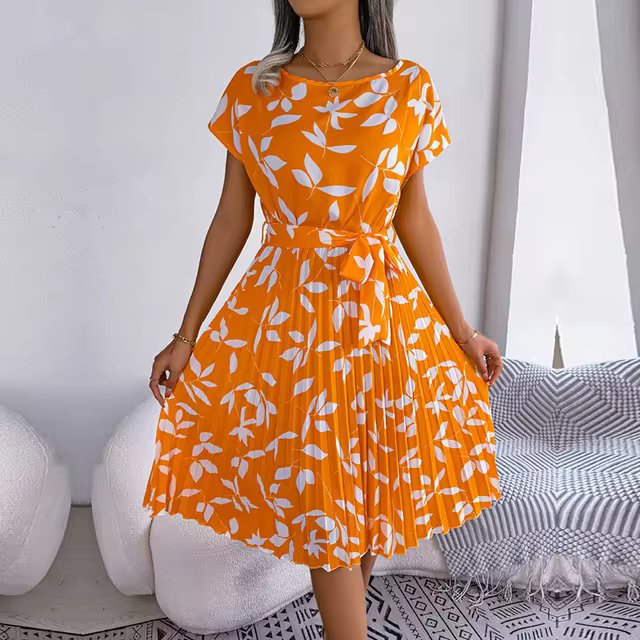 Geblümtes Plissee A-Linien Maxikleid