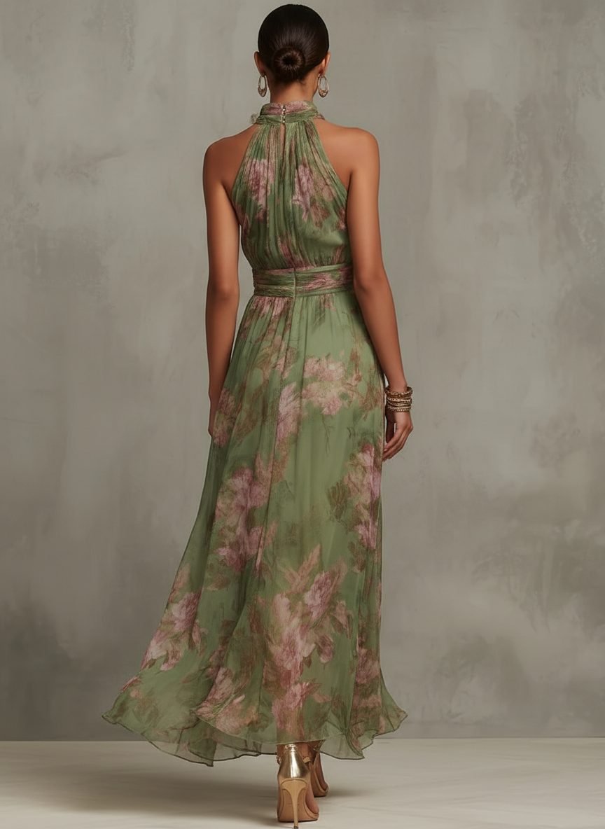 Grünes Blumenmuster Chiffon Maxikleid mit Neckholder