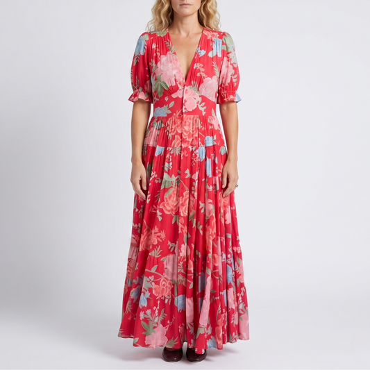Elegantes Blumen-V-Ausschnitt-Kleid