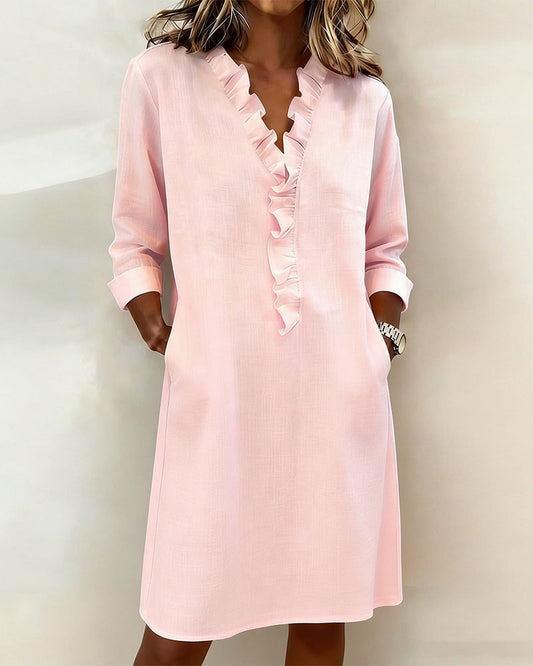 Luftiges Leinenmischgewebe Kleid mit Rüschensaum
