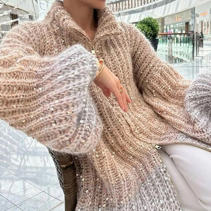 Gestrickter Strickjacke mit Glitzer-Pailletten