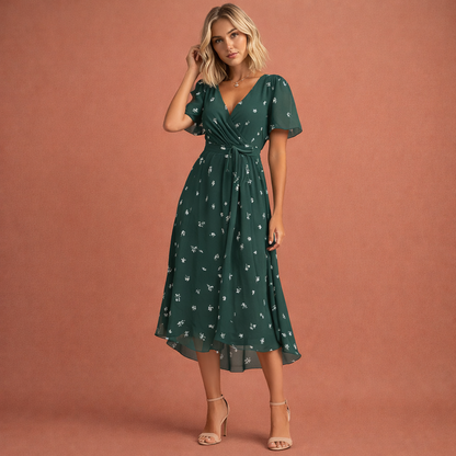 Midikleid mit Blumenmuster und kurzen Ärmeln für Damen