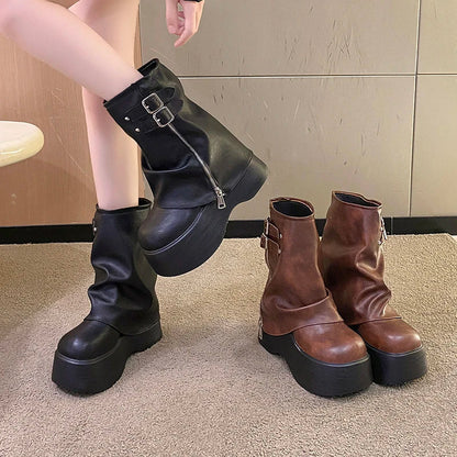 Gothic Plateau-Stiefel mit Schnalle, mittelhoch, Reißverschluss
