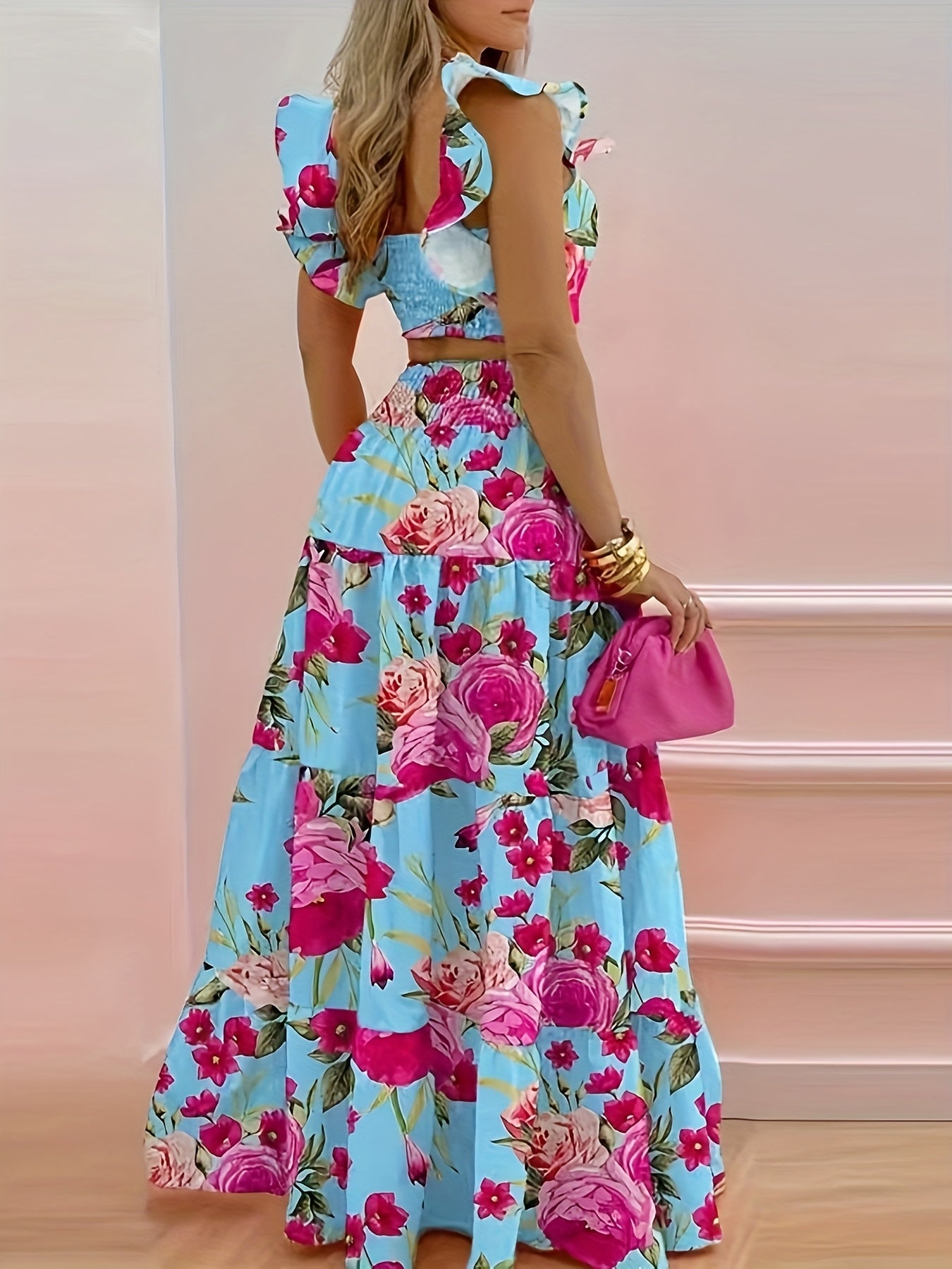 Blumiges Rüschen-Bustier-Top und ausgestelltes Maxirock-Set