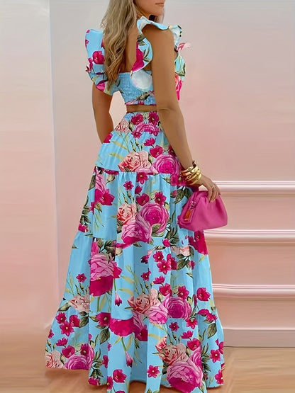 Blumiges Rüschen-Bustier-Top und ausgestelltes Maxirock-Set