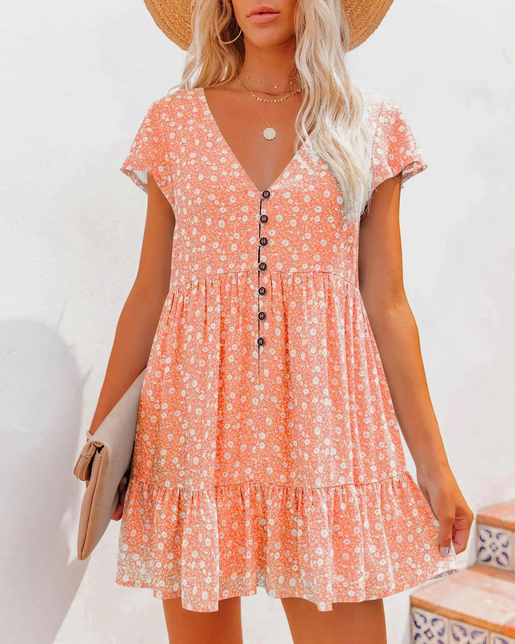 Damen Sommer Blumen V-Ausschnitt A-Linien Minikleid
