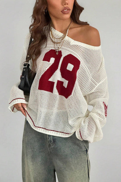 Gemütlicher V-Ausschnitt Strickpullover mit Digitaldruck