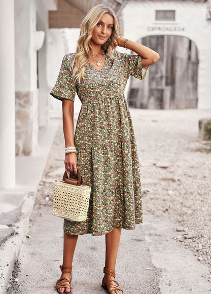 Damen Midi-Kleid mit Blumenmuster und bequemer Passform