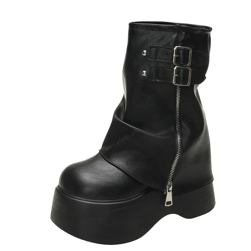 Gothic Plateau-Stiefel mit Schnalle, mittelhoch, Reißverschluss