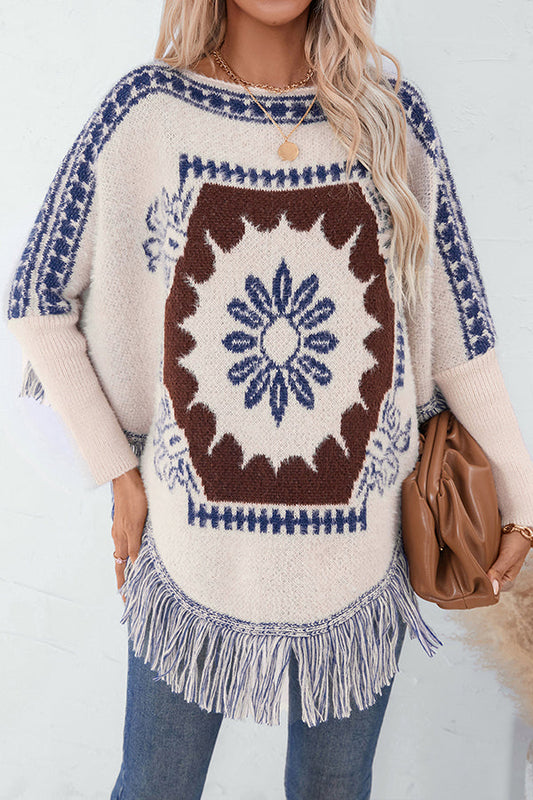 Boho Strickpullover mit Quasten-Saum