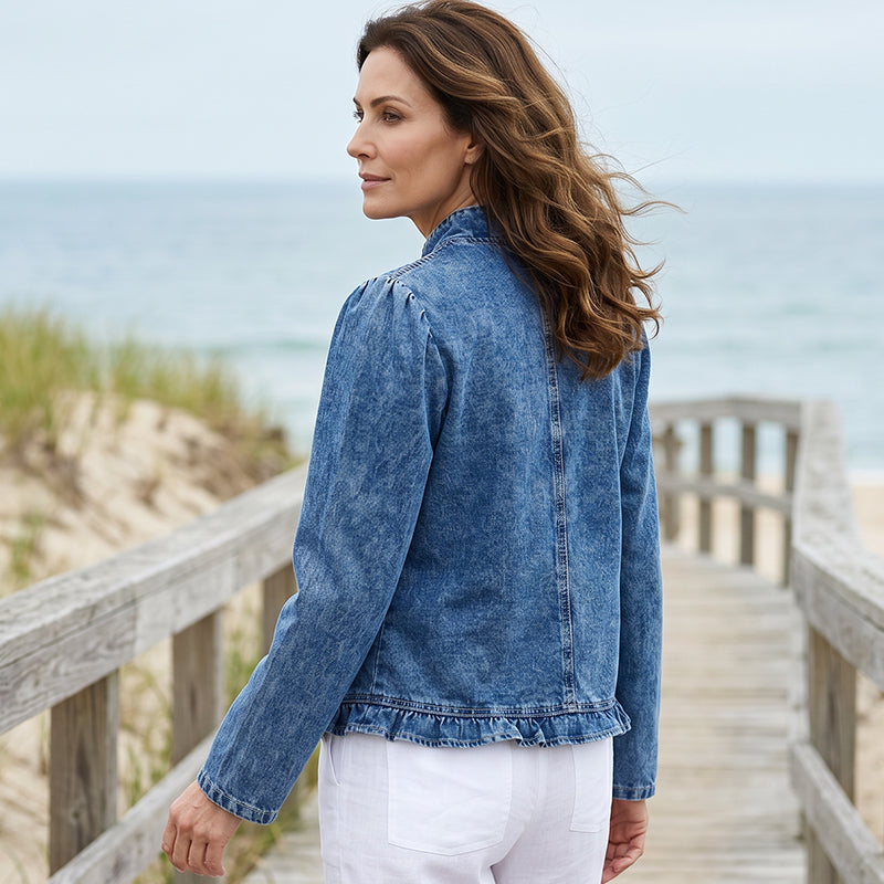 Damen-Jeansjacke mit Rüschensaum und offenem Frontverschluss