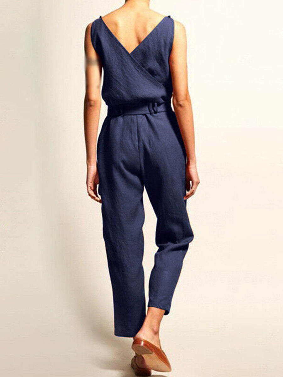 Damen Casual Jumpsuit mit V-Ausschnitt und Gürtel