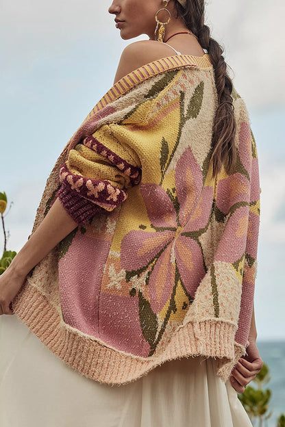Gemütlicher floraler Strickcardigan mit lockerer Passform und langen Ärmeln