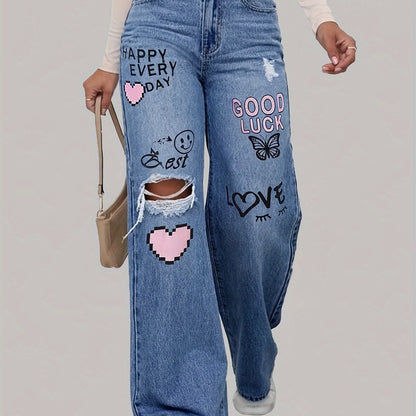 High-Waist Weitbein Grafik Denim Jeans