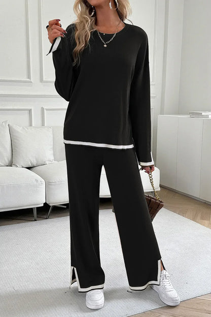 Kontrastbesatz Rundhals-Top und Hosen-Set