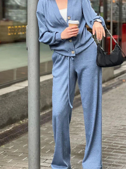 Gemütliches legeres V-Ausschnitt Pullover- und Hosen-Set