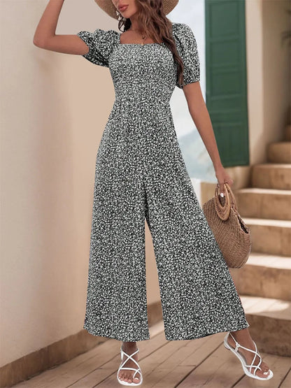 Damen Jumpsuit mit bedrucktem Karree-Ausschnitt und Puffärmeln