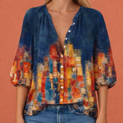 Damen V-Ausschnitt Bedruckte Bluse mit Knopfleiste