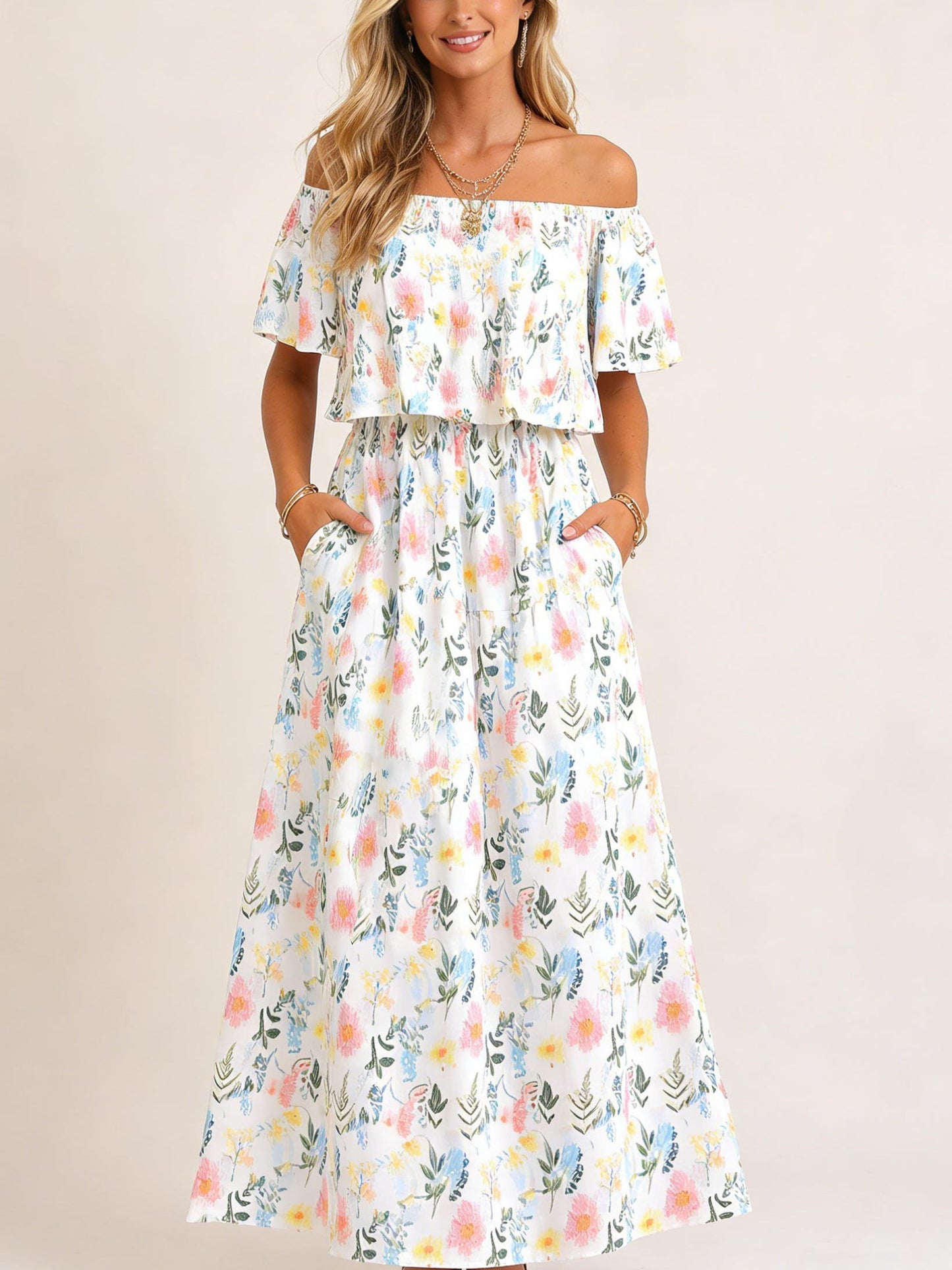 Damen Blumiges Schulterfreies Sommer-Maxikleid
