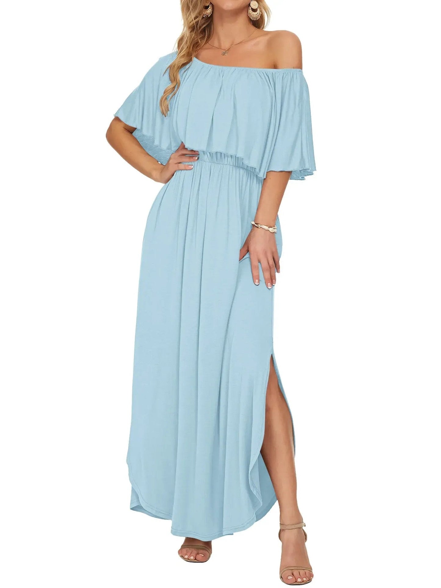 Damen Blumiges Schulterfreies Sommer-Maxikleid